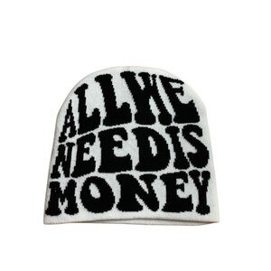 ALL WE NEED IS MONEY Y2K Graphic Knit Beanie - White/Black Streetwear Toque